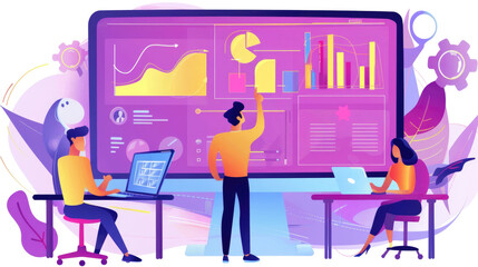 Three professionals engage in a meeting, examining visual data on a large screen in a contemporary workspace