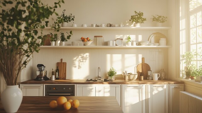 Cozy modern kitchen with natural light streaming through windows in a warm morning setting
