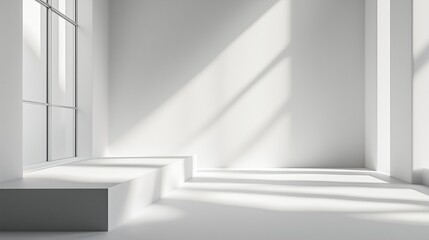 Fototapeta premium Minimalist Abstract White Background with Soft Shadows and Light Reflections, Ideal for Product Display or Advertising Backdrop in a Studio Setting