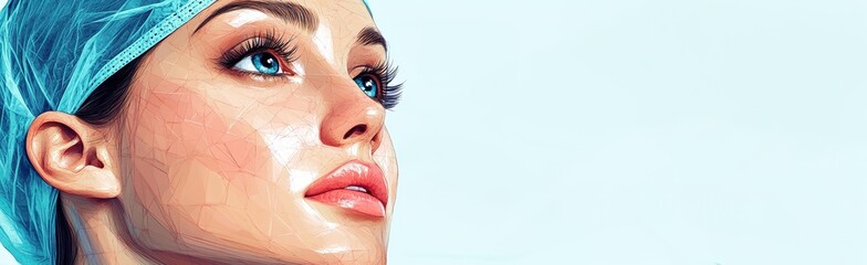 A beautiful woman with a medical cap and plastic carving lines on her skin, highlighting facial beautification in a resin medical clinic, copy space.