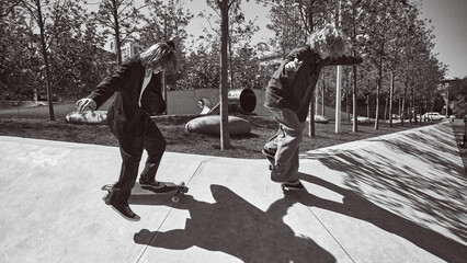 Dynamic image of two young men in stylish outfits in motion, skateboarding thought the city, showing skills and energy. Black and white photography. Concept of sport, activity and movements, hobby