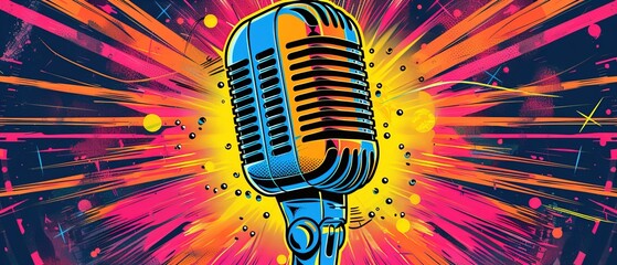 comics pop art style podcast microphone in a frame in bright bold colors 