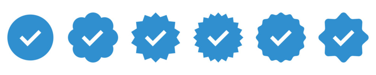Verified badge profile icons set. Social media checks, guaranteed signs, blue check marks.