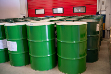 Oil drum. Stacked of blue oil barrel in the factory