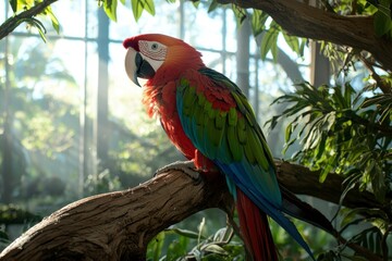 Obraz premium Scarlet Macaw Perched on a Branch in a Lush Tropical Setting