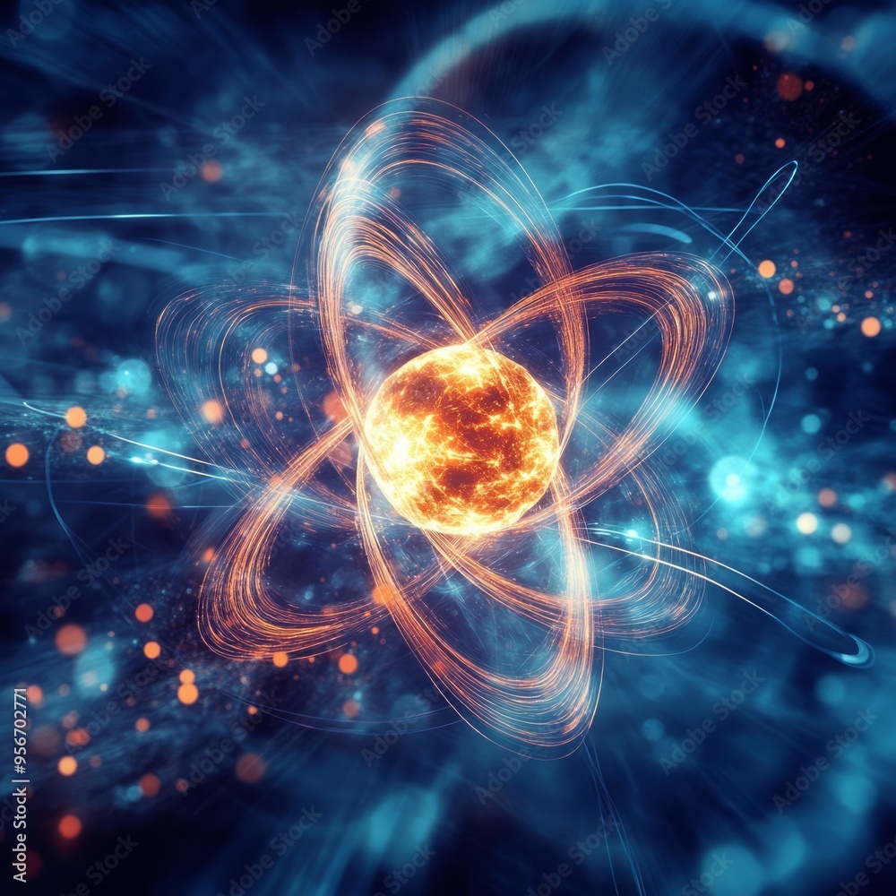 Wall mural Abstract glowing orange atom nucleus in a blue and black space with orbiting electrons.