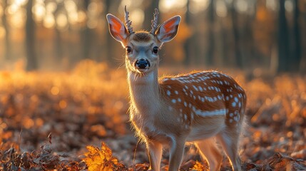 Young fawn standing in autumn leaves at sunset