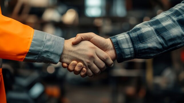 Two people shaking hands in a collaborative gesture. The scene suggests cooperation and partnership. An industrial background evokes a work environment. Trust and teamwork are key themes. AI