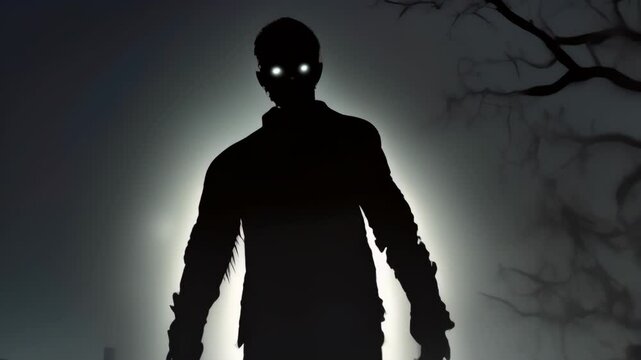 Mysterious figure stands among gravestones beneath a full moon in a foggy graveyard at midnight