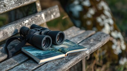 A close-up of a pair of binoculars and a birdwatching guidebook placed on a rustic wooden bench.