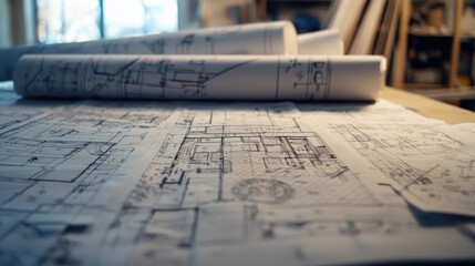 A close-up of detailed blueprints spread out on a table, showing architectural designs and measurements.