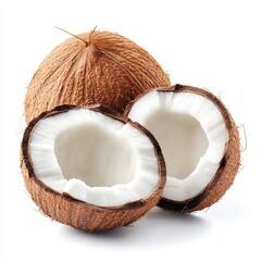 Fresh coconuts cut open on a bright white background showcasing their sweet, fleshy interior