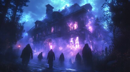 Obraz premium A 3D realistic view of a haunted house at a Halloween festival. The house is surrounded by masked figures with haunting, cybernetic appearances, and the windows are lit with an eerie blue glow.