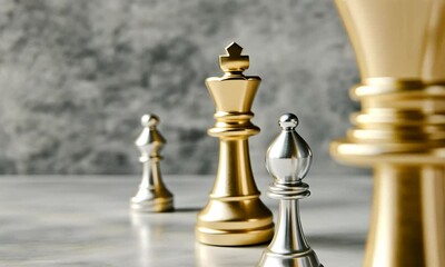 A golden king stands proudly among silver pieces as players strategize their next moves in a thrilling chess match that captivates the audience