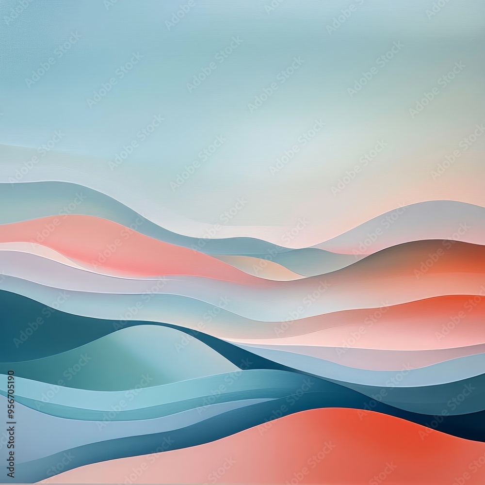 Poster Abstract landscape with wavy lines in blue, green and pink tones.