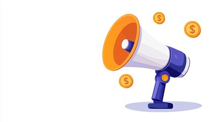 Funding outreach, megaphone with dollar symbols, flat design illustration