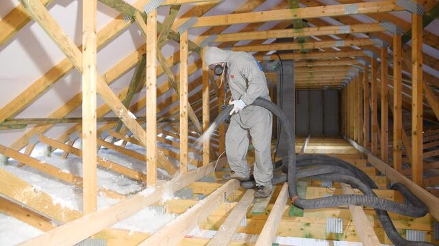 House attic insulation - construction worker installing cellulose on the roof