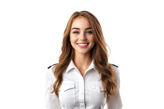 Portrait of a smiling American female stewardess, seen from the front, set against a white transparent PNG cutout background, captured with professional softbox lighting.