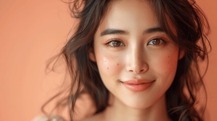 Obraz premium Young Woman Close Up Portrait With Wavy Hair And Peach Background