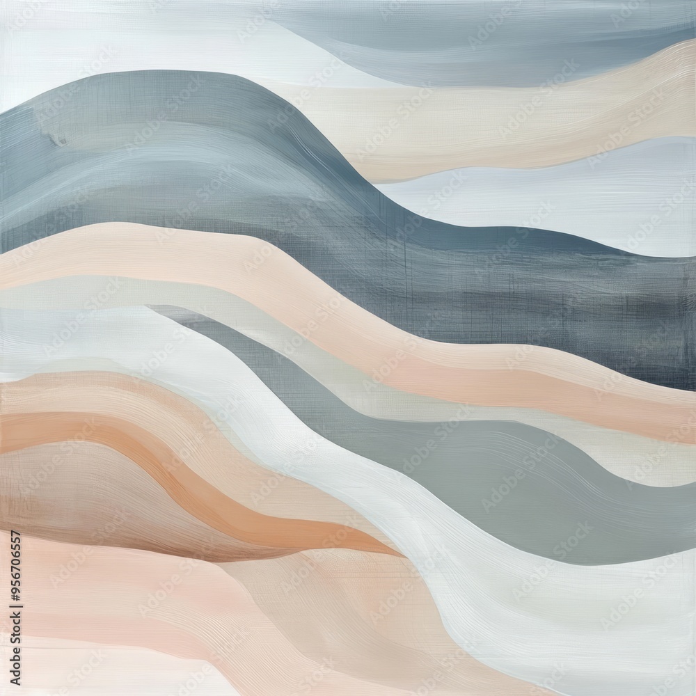 Poster Abstract painting with muted blue, grey, and beige wavy lines.