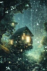 A small house with digital technology background, surreal landscape style 