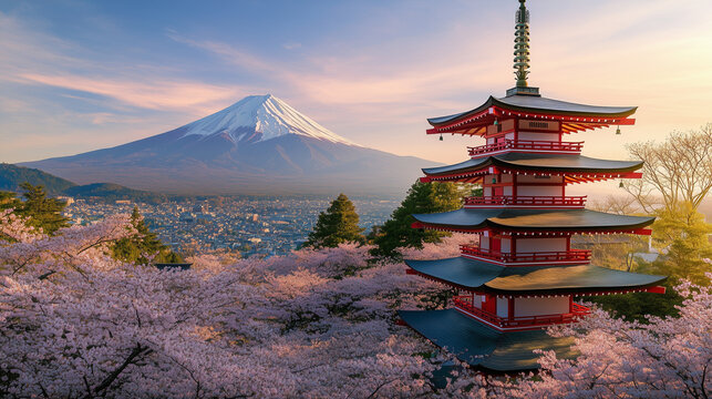 Arakura Fuji Sengen Shrine, beautiful traditional Japanese shrine building with five-story red pagoda, majestic Mount Fuji in the background, cherry blossoms in bloom, Ai Generated Images
