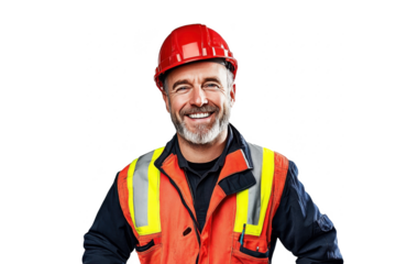 Cheerful American male construction worker portrait, front view, isolated on white transparent PNG cutout, captured with professional softbox lighting for a refined appearance.
