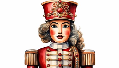 Nutcracker, watercolor clipart illustration with isolated background. closeup female nutcracker watercolor style. 