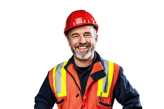 Cheerful American male construction worker portrait, front view, isolated on white transparent PNG cutout, captured with professional softbox lighting for a refined appearance.