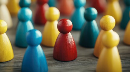 Colorful wooden figures on a table symbolize community and diversity