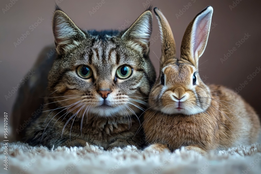 Sticker Close-up portrait of a tabby cat and a brown rabbit