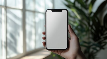 Hand holding phone, white empty screen, minimalist office background, 8K resolution