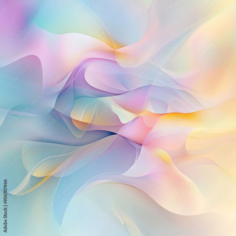 Poster Abstract pastel background with flowing, layered, wavy lines in light blue, pink, and yellow colors.