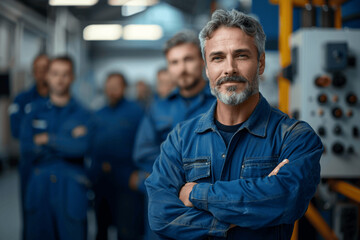 Confident Factory Workers Standing Together In Blue Uniforms
