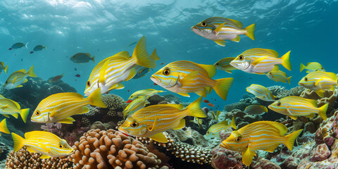 Shoal of colorful yellowtail snappers fish school swim in tropical underwaters with blue background 