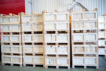 Wooden crates in the warehouse. Warehousing concept
