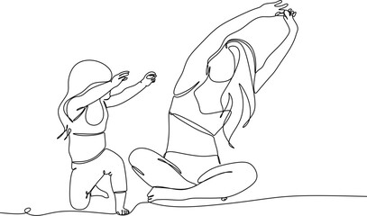 Mother spends time with her children, linear drawing. Mom and child.