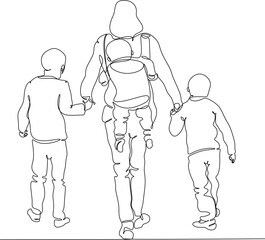 Mother spends time with her children, linear drawing. Mom and child.