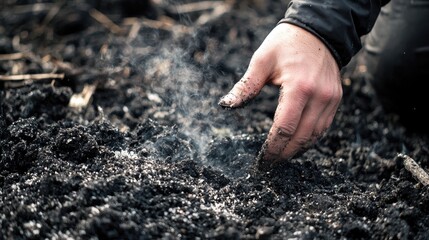 A hand sifting through a pile of fine ash from a recently extinguished campfire.