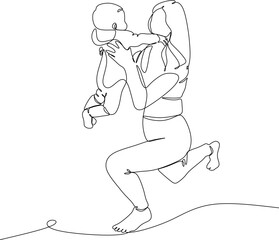 Mother spends time with her children, linear drawing. Mom and child.