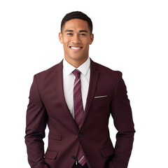 Front view mid body shot of a handsome Polynesian man dressed in a dark burgundy suit and a silver silk tie, isolated on a white transparent background