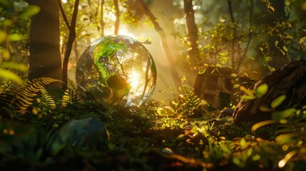 Sunlight filtering through lush forest with glass sphere reflecting nature. A magical and serene environment showcasing the tranquility of nature.