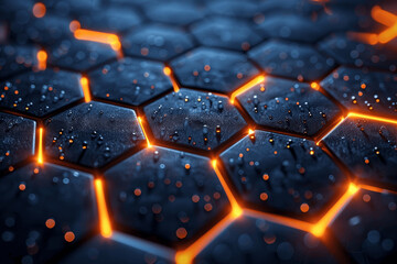 Obraz premium Futuristic Hexagonal Tiles With Glowing Orange Lines And Water Droplets