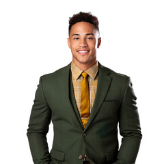 Front view mid body shot of a handsome Polynesian man dressed in a dark green tweed suit and a mustard-colored knitted tie, isolated on a white transparent background