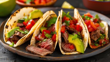 Juicy steak slices topped with fresh salsa and avocado, served on soft tortillas, perfect for a flavorful Mexican dish.