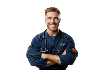 Cheerful American male nurse portrait, front view, isolated on a white transparent PNG cutout background, with professional softbox lighting for a clean, bright appearance.