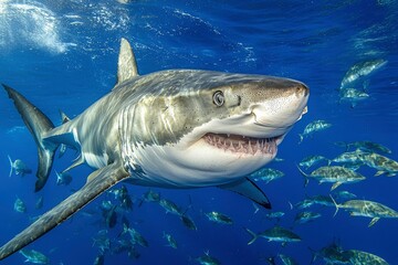 Naklejka premium Great White Shark Surrounded by Fish in the Ocean