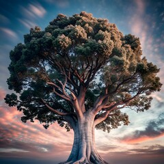 Fototapeta premium A majestic California Sycamore tree stands tall against a dramatic sunset sky.