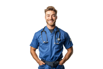 Cheerful American male nurse portrait, front view, isolated on a white transparent PNG cutout background, with professional softbox lighting for a clean, bright appearance.