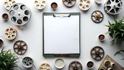 Clean. modern mockup of a blank clipboard surrounded by film reels and other cinematic elements.